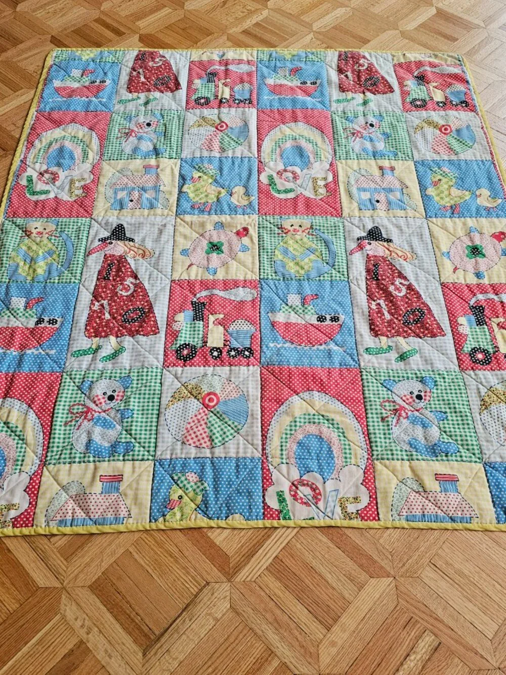 Vintage Handmade Baby Patchwork Quilt Primary Colors Red Yellow Duck 43.5